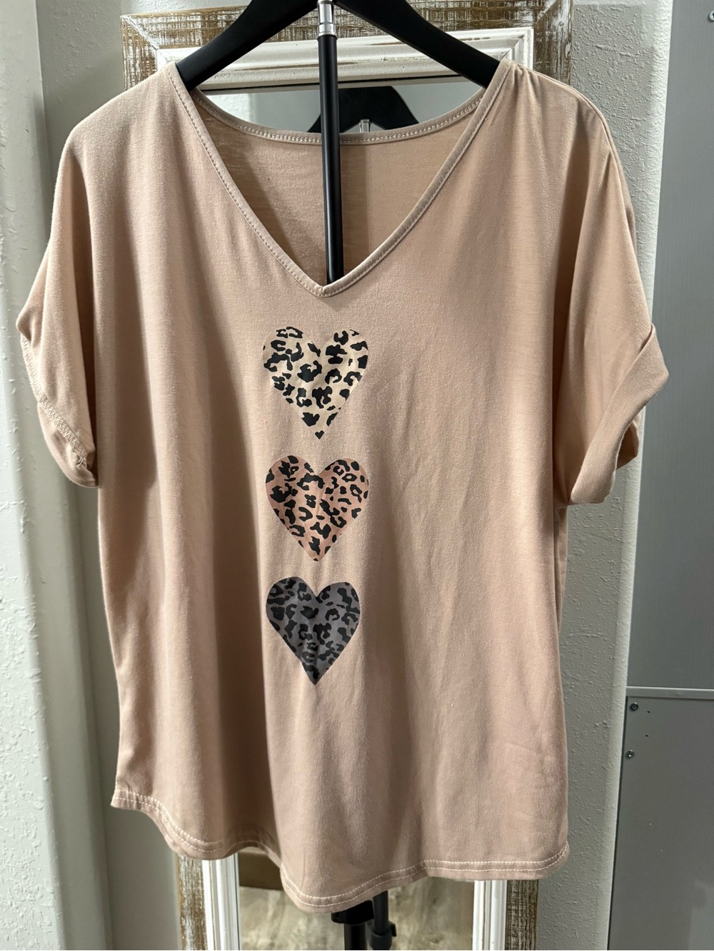 Womens V-Neck Short Sleeve Tee with Leopard Heart Motif